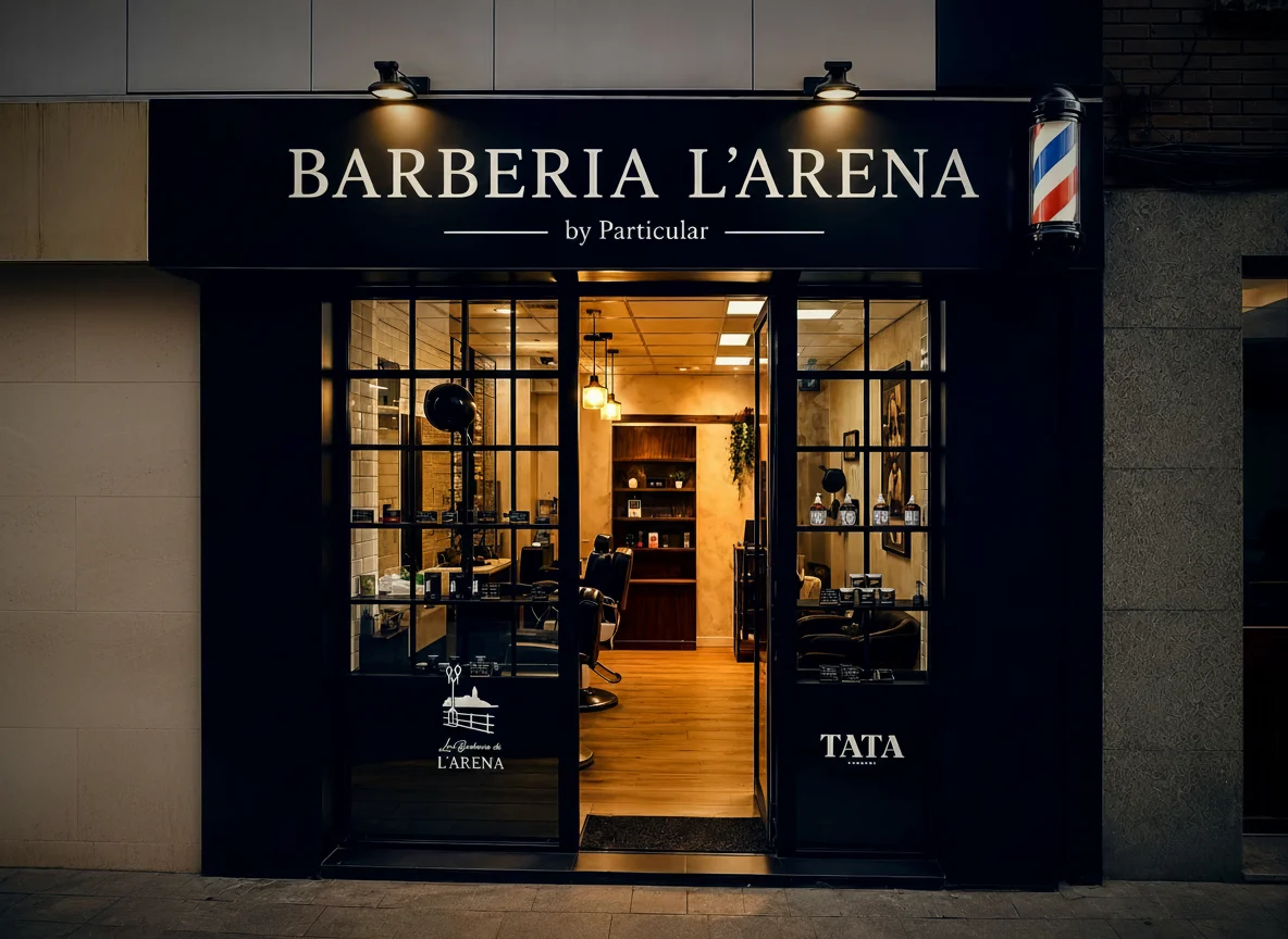 Barbería L'Arena by Particular — el escaparate completo en Gijón: el rótulo, el poste de barbero y el interior cálido visto desde la calle